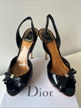 Dior Black Patent Leather Slingback Peep-Toe Heels with Bow Accent